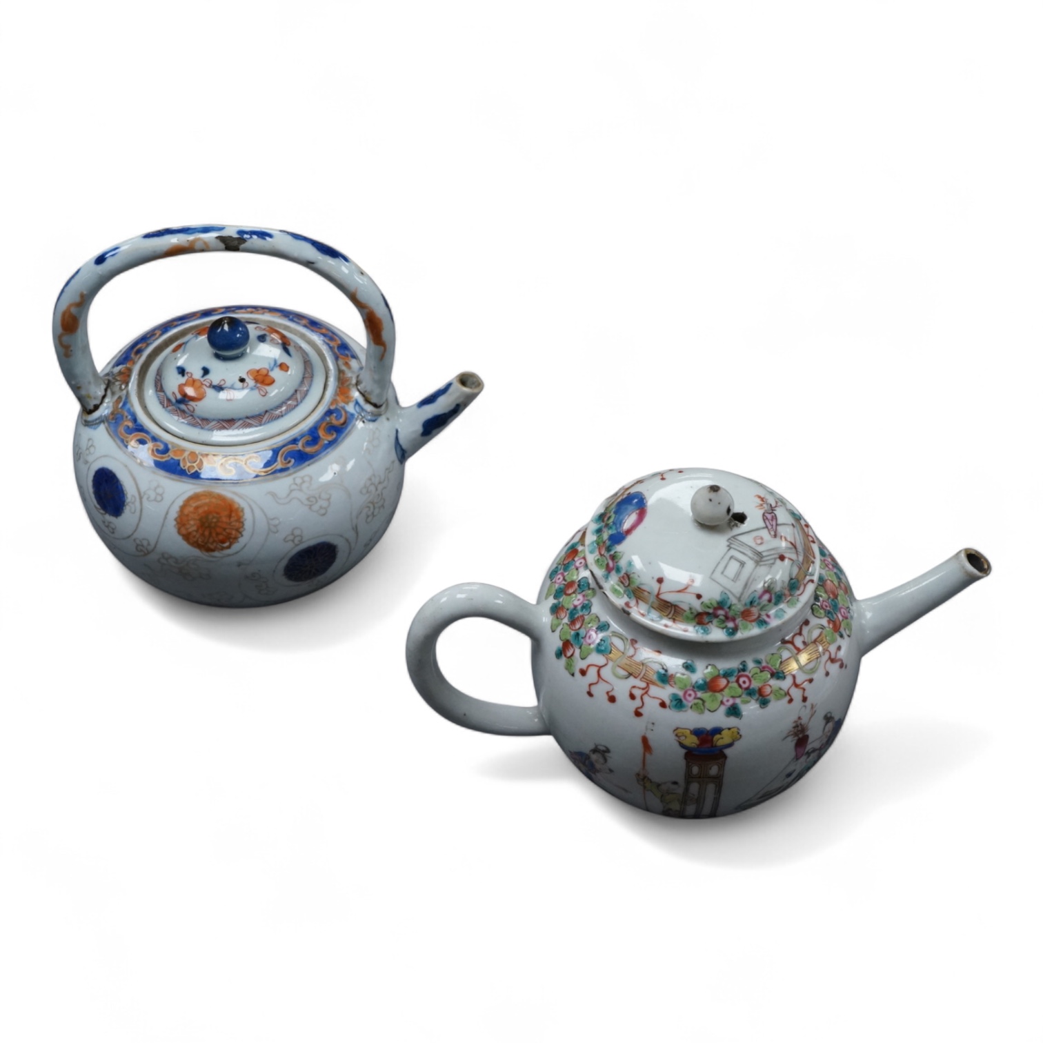 A Chinese famille rose ‘boys and ladies’ teapot, Qianlong period and a Japanese Arita sake pot or ewer, early 18th century, tallest 16cm high.